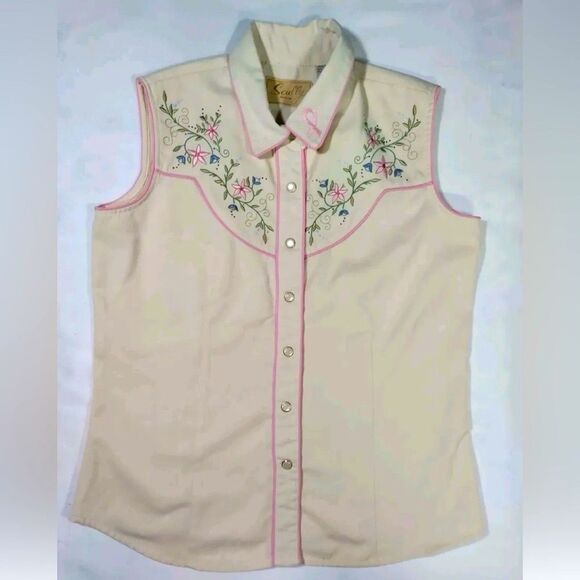 Scully Tops - Scully Ivory Pink Floral Embroidered Breast Cancer Ribbon Western Pearl Snap L